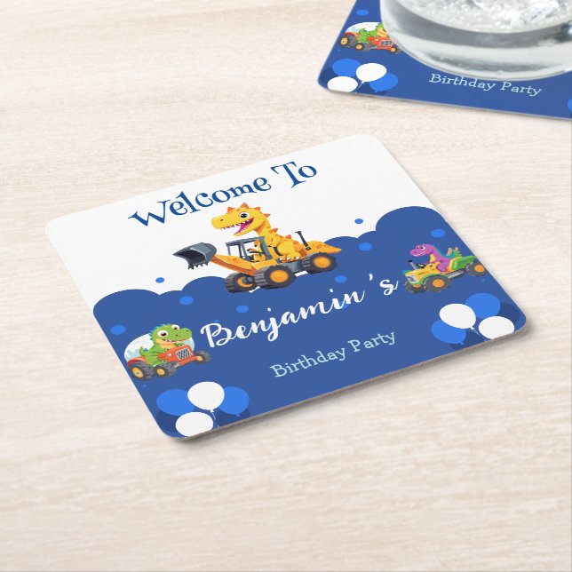 Posavasos Cuadrado De Papel Tractor de dinosaurio lindo cavar globo de camión  (En perspectiva)