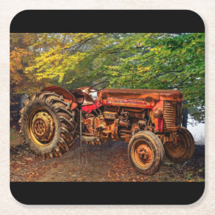 Posavasos Cuadrado De Papel Tractor de granjas rojas Vintage
