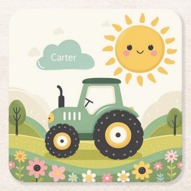Posavasos Cuadrado De Papel Tractor/granja personalizado (Anverso)