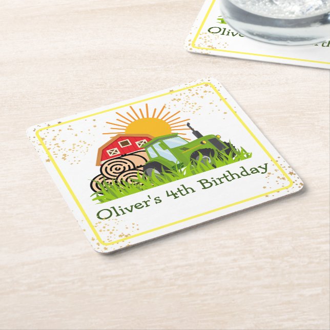 Posavasos Cuadrado De Papel Tractor verde | Fiesta de cumpleaños temática de l (En perspectiva)