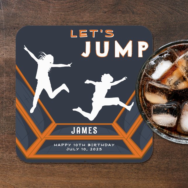 Posavasos Cuadrado De Papel Trampoline Park Vamos a saltar fiesta de cumpleaño (Trampoline Park Let's Jump Orange Birthday Party Square Paper Coaster
)