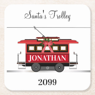 Posavasos Cuadrado De Papel Tranvía roja de Año Nuevo Navidades