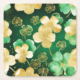 Posavasos Cuadrado De Papel Trébol del día de San Patricio verde y dorado