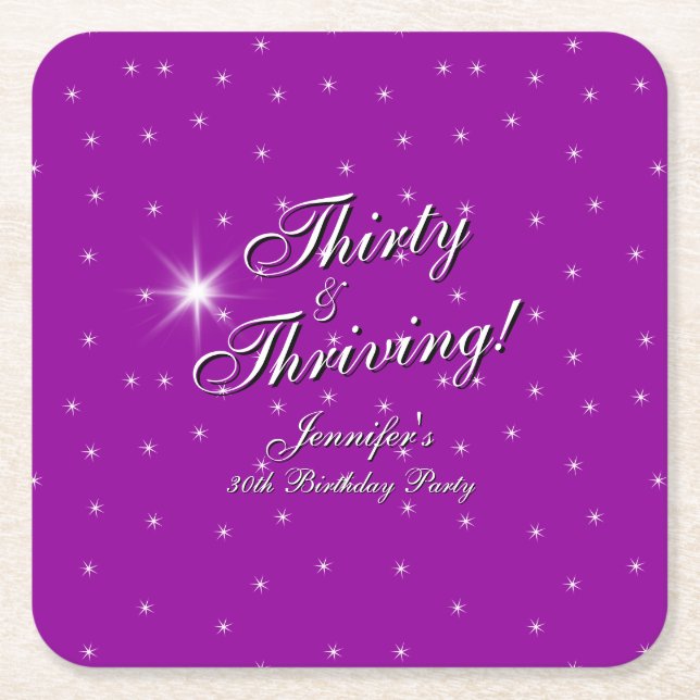 Posavasos Cuadrado De Papel Treinta y tres pudientes púrpura rosado 30 cumplea (Anverso)