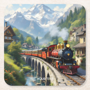 Posavasos Cuadrado De Papel Tren antiguo de Fantasy Cute Crimson