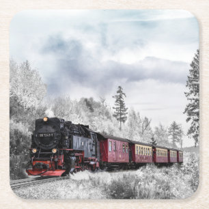 Posavasos Cuadrado De Papel Tren de locomotora de vapor que recorre la nieve