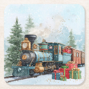 Posavasos Cuadrado De Papel Tren de Navidad
