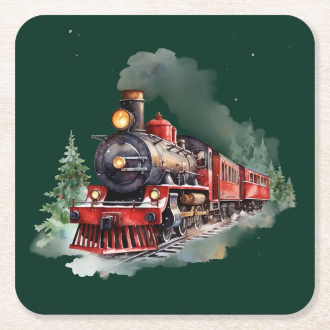 Posavasos Cuadrado De Papel Tren de Navidad (Anverso)