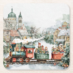 Posavasos Cuadrado De Papel Tren de Navidad