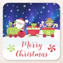 Posavasos Cuadrado De Papel Tren de Santa y duende de Navidad lindo