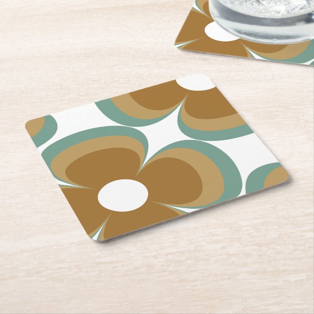 Posavasos Cuadrado De Papel Trendy Teal Caramel Retro Groovy Flowers Seamless (En perspectiva)