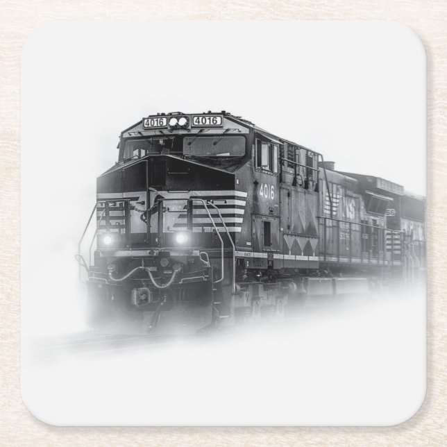 Posavasos Cuadrado De Papel Trenes en blanco y negro (Anverso)
