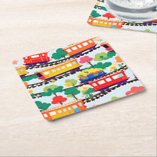Posavasos Cuadrado De Papel Trenes y árboles lindos patrón azul