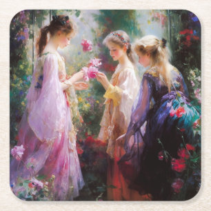 Posavasos Cuadrado De Papel Tres chicas jugando en el jardín