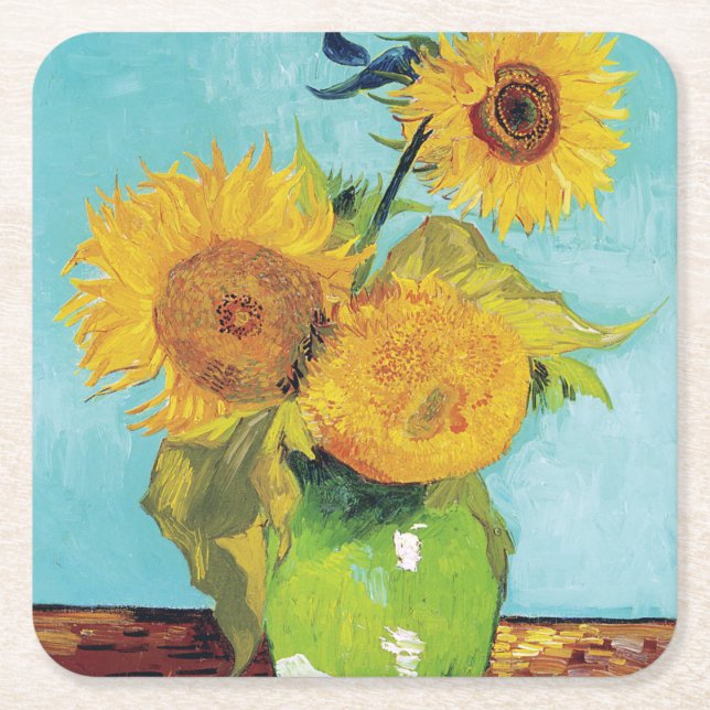 Posavasos Cuadrado De Papel Tres girasoles, Van Gogh (Anverso)