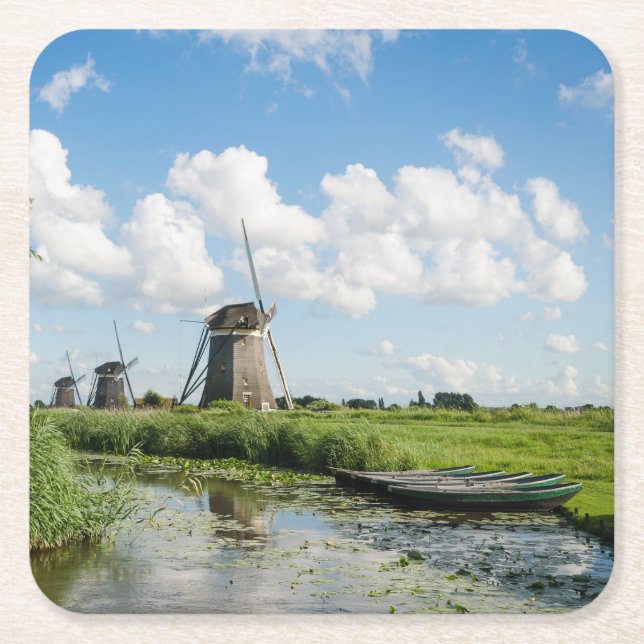 Posavasos Cuadrado De Papel Tres molinoes de viento y un práctico de costa del (Anverso)