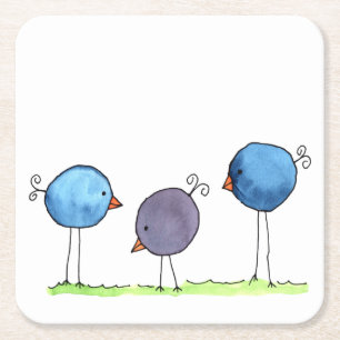 Posavasos Cuadrado De Papel Tres pájaros acuarela caprichosos
