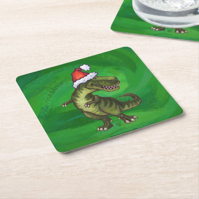 Posavasos Cuadrado De Papel TRex en Santa Hat en Green (En perspectiva)