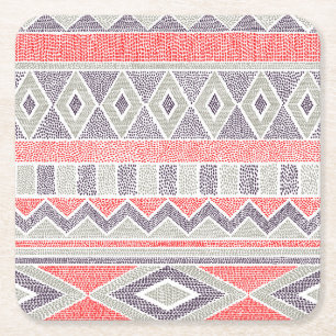 Posavasos Cuadrado De Papel Tribal de etnia rayada: cosecha artesanal