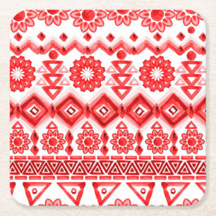 Posavasos Cuadrado De Papel Tribus rojas, acuarela, patrón étnico.