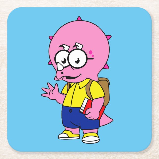 Posavasos Cuadrado De Papel Triceratops Con Mochila Y Libro De Texto. (Anverso)