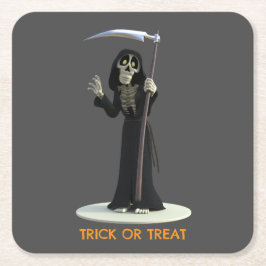 Posavasos Cuadrado De Papel Trick or Treat. Cartoon Grim Reaper