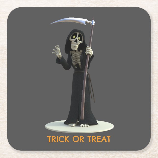 Posavasos Cuadrado De Papel Trick or Treat. Cartoon Grim Reaper (Anverso)