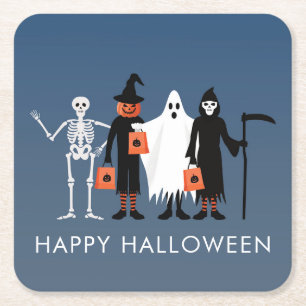 Posavasos Cuadrado De Papel Trick or Treaters Halloween en español