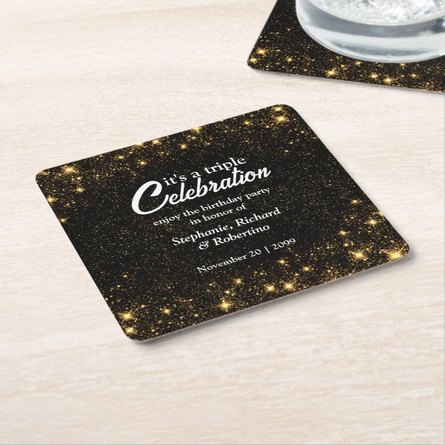Posavasos Cuadrado De Papel Triple Celebration Joint Birthday Gold Black  (En perspectiva)