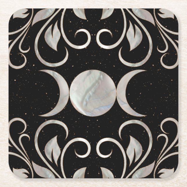 Posavasos Cuadrado De Papel Triple luna - Triple diosa - Madre de la Perla (Anverso)