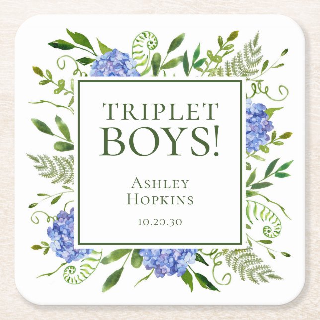 Posavasos Cuadrado De Papel Triplet Boys Blue Hydrangeas Baby Shower (Anverso)