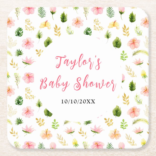 Posavasos Cuadrado De Papel Tropical Jungle Floral Baby Shower (Anverso)