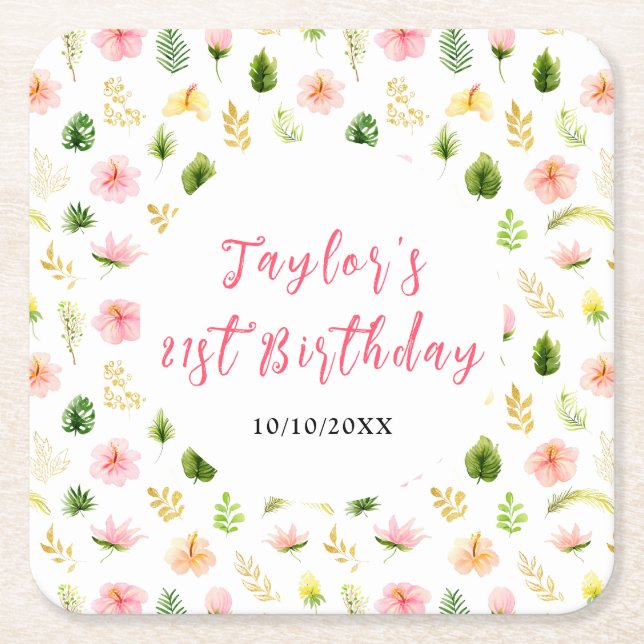 Posavasos Cuadrado De Papel Tropical Jungle Floral Birthday (Anverso)