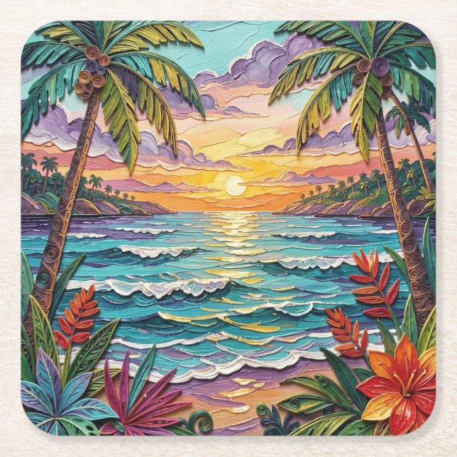 Posavasos Cuadrado De Papel Tropical Paradise | Coastal Beach Scene Impasto (Anverso)