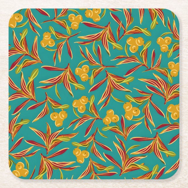Posavasos Cuadrado De Papel Tropical Pattern with Red and Yellow Leaves (Anverso)