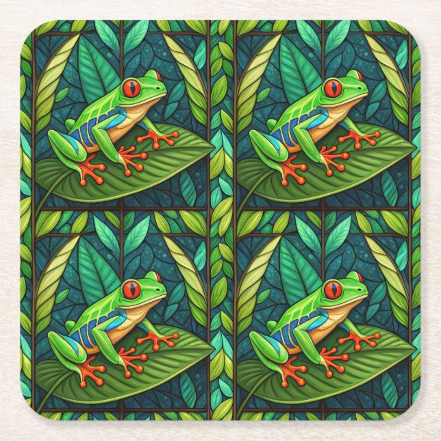 Posavasos Cuadrado De Papel Tropical-themed coasters with vibrant green leaves (Anverso)