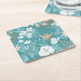 Posavasos Cuadrado De Papel Tropical Turquoise & Terracotta Hibiscus Floral 