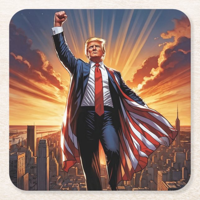 Posavasos Cuadrado De Papel Trump, los superhéroes americanos (Anverso)