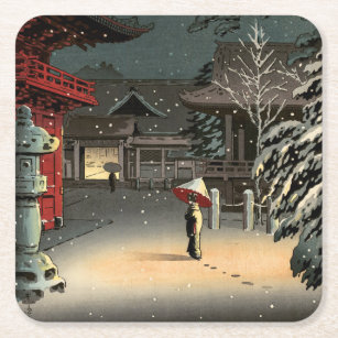 Posavasos Cuadrado De Papel Tsuchiya Koitsu - Nieve en el santuario de Nezu
