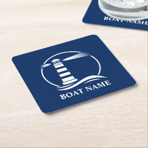Posavasos Cuadrado De Papel Tu nombre de barco Classic Lighthouse Navy Blue