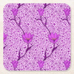 Posavasos Cuadrado De Papel Tulip Damasco, violeta y orquídea de Art Nouveau