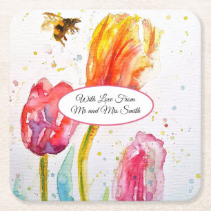 Posavasos Cuadrado De Papel Tulipán Rosa Rojo y Abeja Pintura Acuarela Boda
