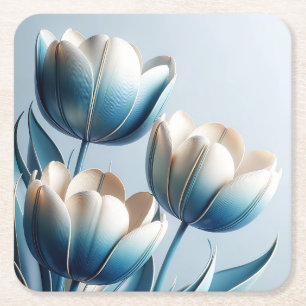 Posavasos Cuadrado De Papel Tulipanes azules y blancos elegantes