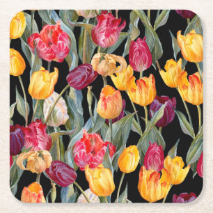 Posavasos Cuadrado De Papel Tulipanes coloridos, fondo negro aislado.