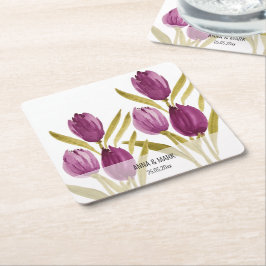 Posavasos Cuadrado De Papel Tulipanes morados Elegante acuarela