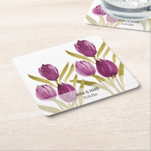 Posavasos Cuadrado De Papel Tulipanes morados Elegante acuarela