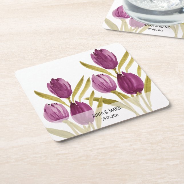 Posavasos Cuadrado De Papel Tulipanes morados Elegante acuarela (En perspectiva)