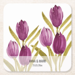Posavasos Cuadrado De Papel Tulipanes morados Elegante acuarela