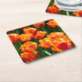 Posavasos Cuadrado De Papel Tulipanes naranjas brillantes en el parque