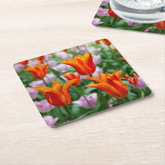 Posavasos Cuadrado De Papel Tulipanes naranjas brillantes en el parque (En perspectiva)